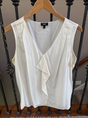 Talbots Silk Cream Sleeveless V-Neck Ruffle Front Blouse